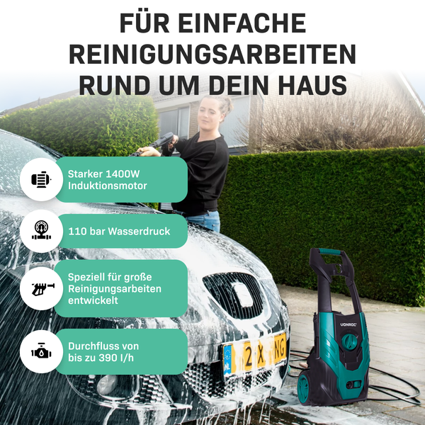 VONROC Hochdruckreiniger 110bar - Fassadenreiniger für einfache Reinigungsarbeiten [1400W] - Durchfluss [390 l/h], Reinigungstank, Aluminium Pumpe - inkl. Terassenreiniger
