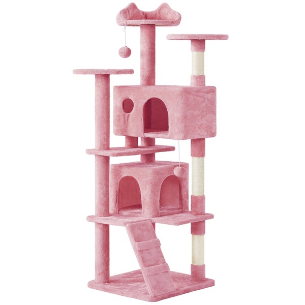 Rosa Kratzbaum mit mehreren Ebenen, Kratzsäulen und Spielzeugen für Katzen