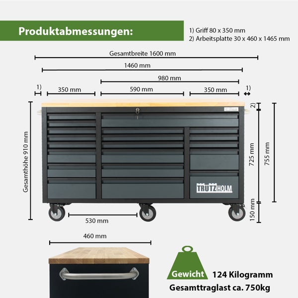 Werkstattwagen Deluxe XXL Anthrazit unbestückt 160 x 91 cm 20 Schubladen Werkbank Sideboard