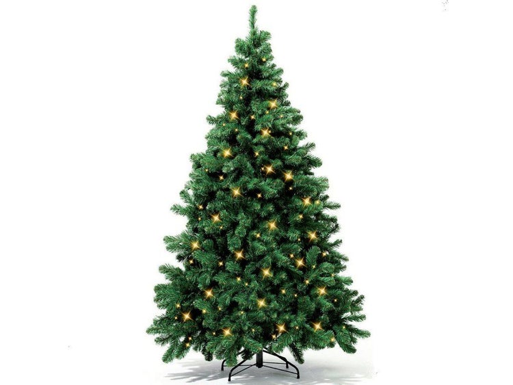 Künstlicher Weihnachtsbaum mit integrierter LED Beleuchtung auf einem Metallständer für eine festliche Dekoration.