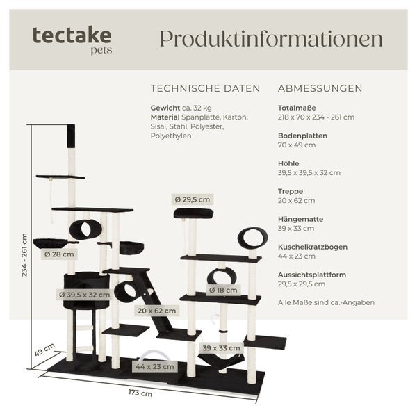 Kratzbaum tectake Snooky inklusive 2 Treppen, 2 Spielkordeln, Kratzbogen, Deckenspanner und Kippschutz 234 bis 261 cm schwarz