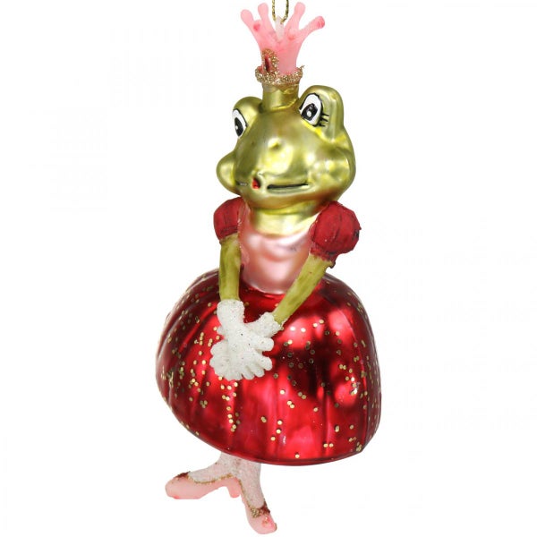 Froschkönigin Christbaumschmuck mit Krone und rotem Kleid