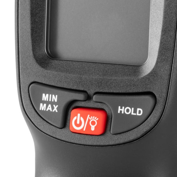 Nahaufnahme der Tasten Min Max, Ein/Aus und Hold eines Messgeräts