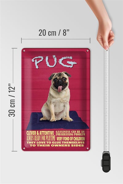 Metallschild mit Mops-Motiv und Größenangabe 20 x 30 cm