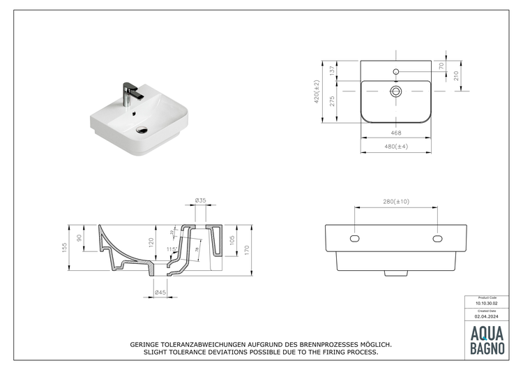 Technische Zeichnung eines Aufsatzwaschbeckens mit Armatur und Maßangaben