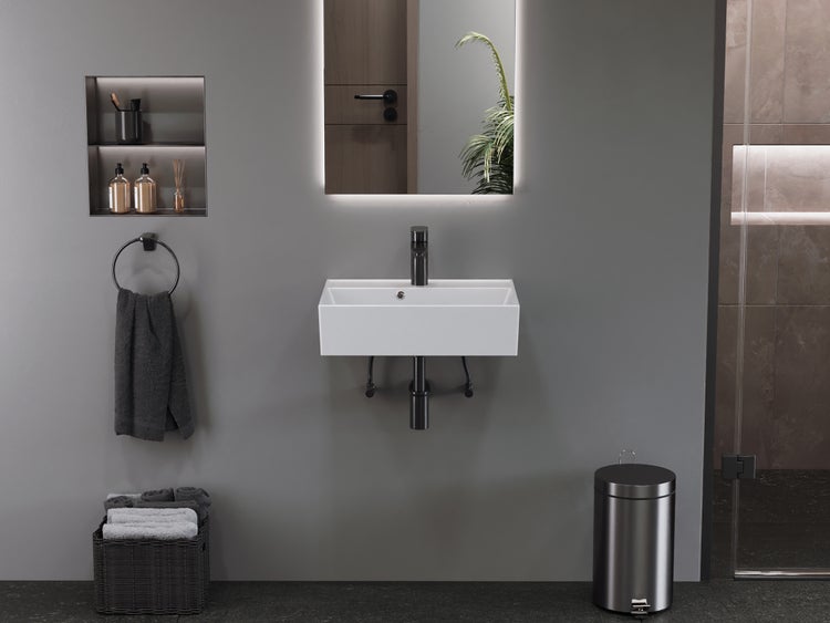 Aqua Bagno Basic Plan Waschbecken 10.16.30.02.2 – 50 x 38 cm – Weiß Hochglanz – Keramikbecken mit Hahnloch & Überlauf