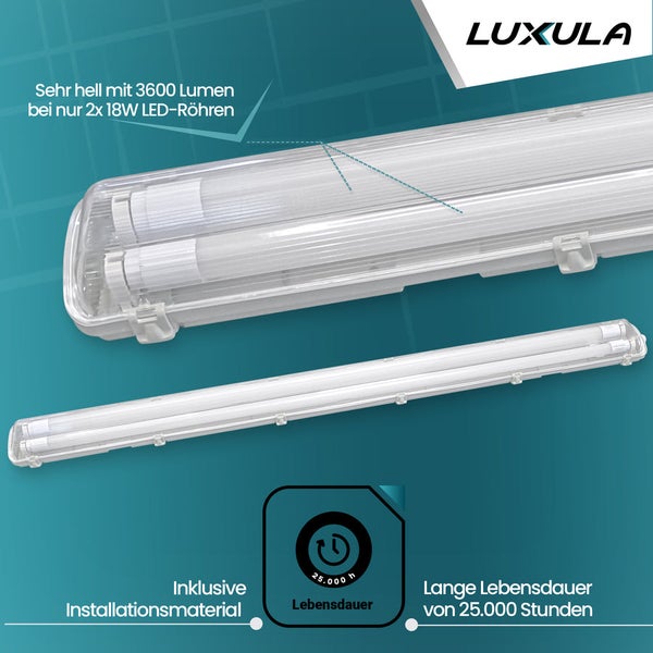 LUXULA LED Wannenleuchte 120cm IP65 Feuchtraumleuchte 36W 3600lm Neutralweiß Flimmerfrei Für Garage & Werkstatt