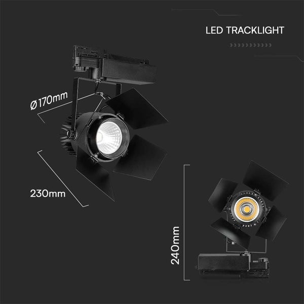 LED-Strahler für Schienensystem mit den Maßen 170 mm Durchmesser und 230 mm Länge, sowie eine zweite Ansicht des Strahlers mit 240 mm Länge