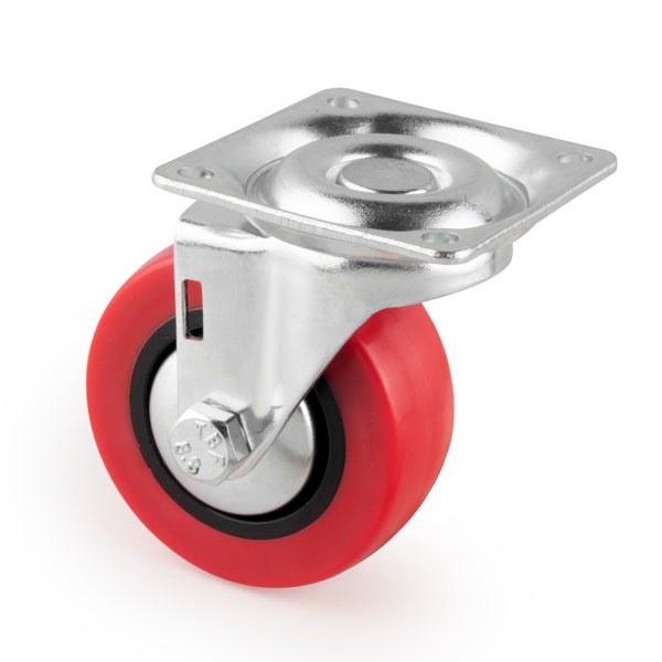 Lenkrolle mit Anschraubplatte aus Metall und rotem Rad.