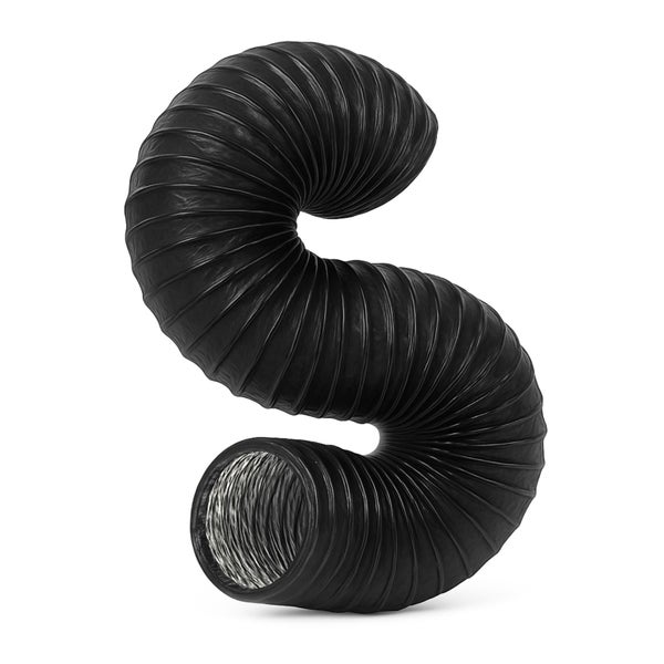Flexibler Lüftungsschlauch aus Kunststoff, spiralarmiert, schwarz, in S-Form gebogen.