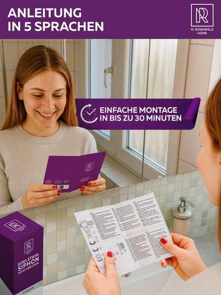 Frau betrachtet Montageanleitung für einen Waschbecken Siphon aus Edelstahl von M. Rosenfeld Home