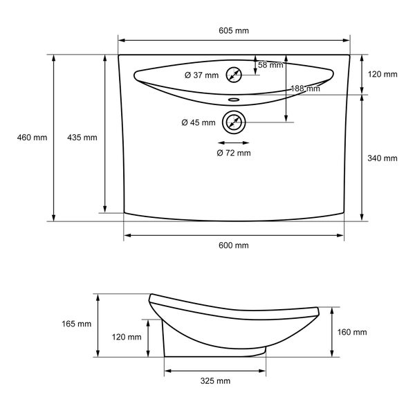 ECD Germany Waschbecken Waschtisch 605x460x165 mm aus Keramik Weiß inkl. Ablaufgarnitur für Waschbecken mit Überlauf Aufsatzbecken Aufsatzwaschbecken Aufsatzwaschtisch Waschschale Spülbecken Becken