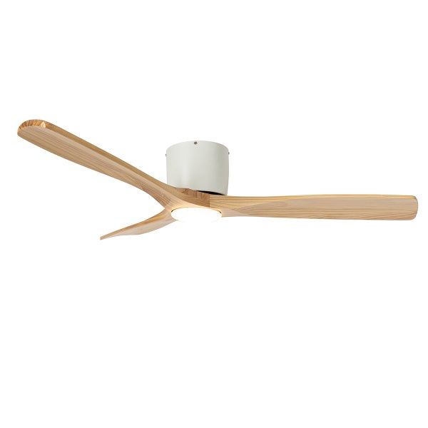 Deckenventilator mit integrierter Beleuchtung, drei Flügeln in Holzoptik und weißem Gehäuse.
