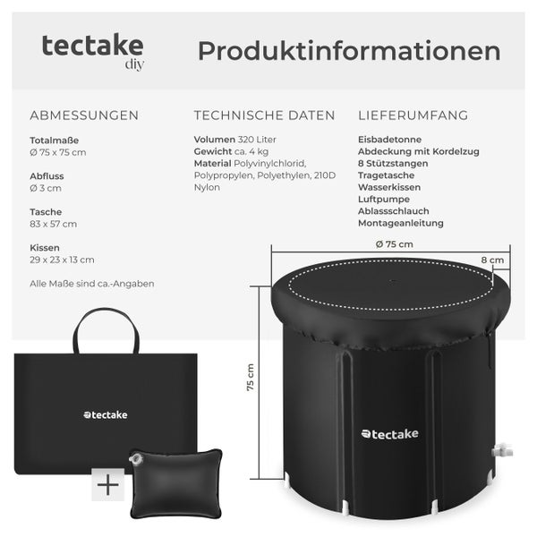 Produktinformationen zu Tectake Eisbadetonne mit Abdeckung, Stützstangen, Tragetasche, Wasserkissen, Luftpumpe, Ablassschlauch und Montageanleitung