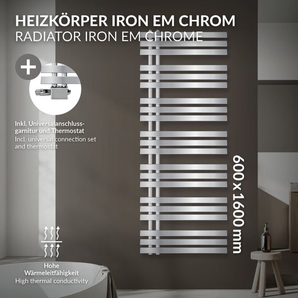 LuxeBath Badheizkörper IronEM 600x1600 mm Chrom Mittelanschluss mit Anschlussgarnitur Thermostat Universal Eck- und Durchgangsform, Design Heizkörper Handtuchwärmer Handtuchtrockner Handtuchheizkörper