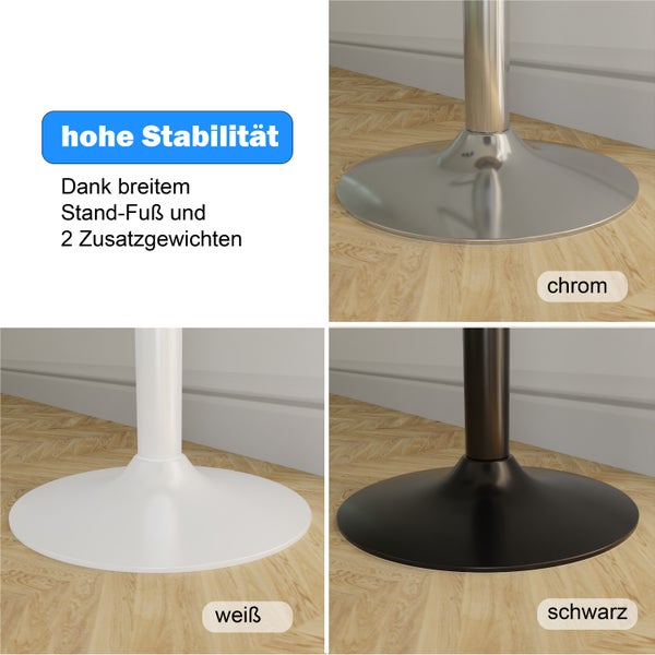 Tischstandfuß mit hoher Stabilität durch breite Basis und zwei Zusatzgewichte, erhältlich in drei Ausführungen.
