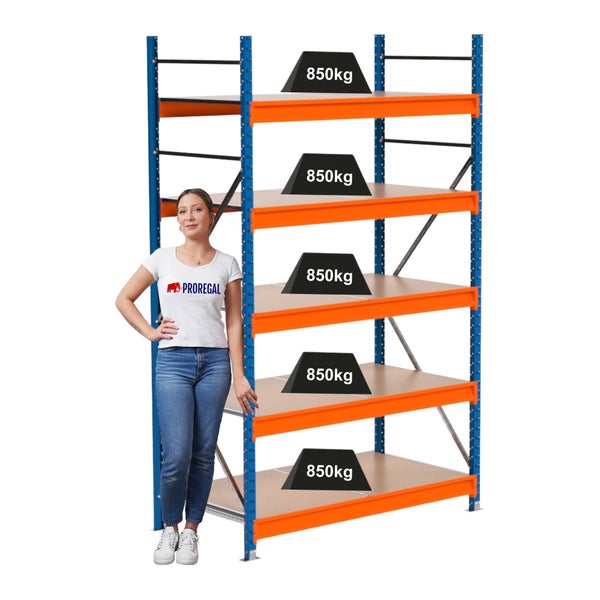 Schwerlastregal mit fünf Ebenen und einer Traglast von 850 kg pro Ebene.