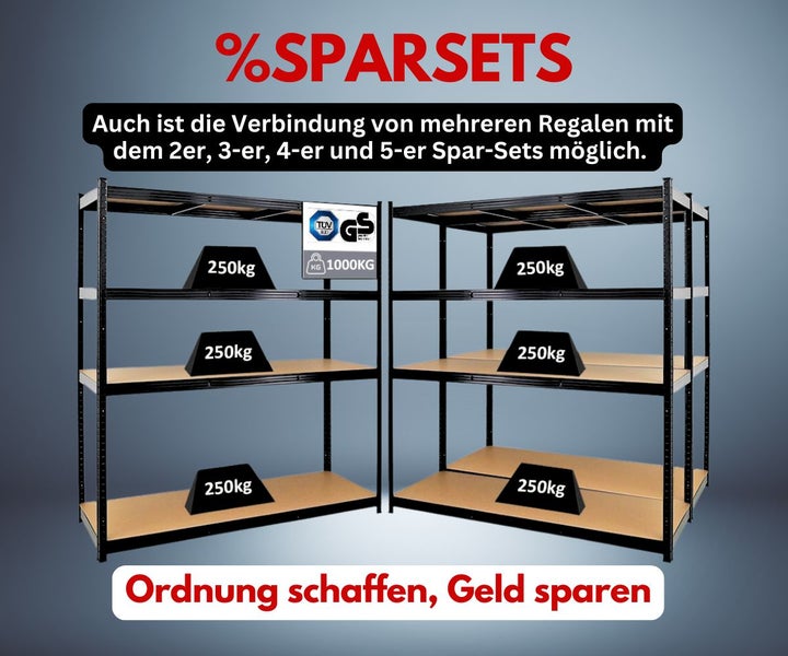 Zwei Schwerlastregale im Sparset mit je vier Böden. Traglast pro Boden 250 Kilogramm, gesamt 1000 Kilogramm. Geprüfte Sicherheit.