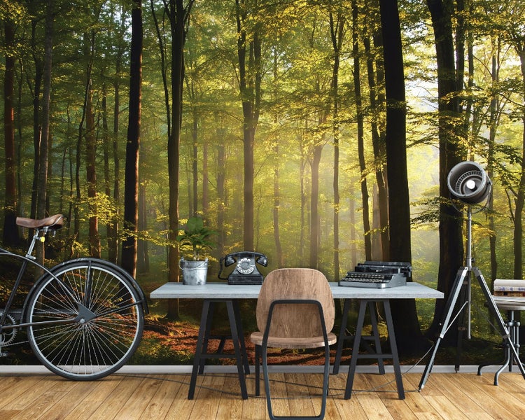 Raum mit Fototapete Waldmotiv, Schreibtisch, Stuhl, Fahrrad, Stehlampe