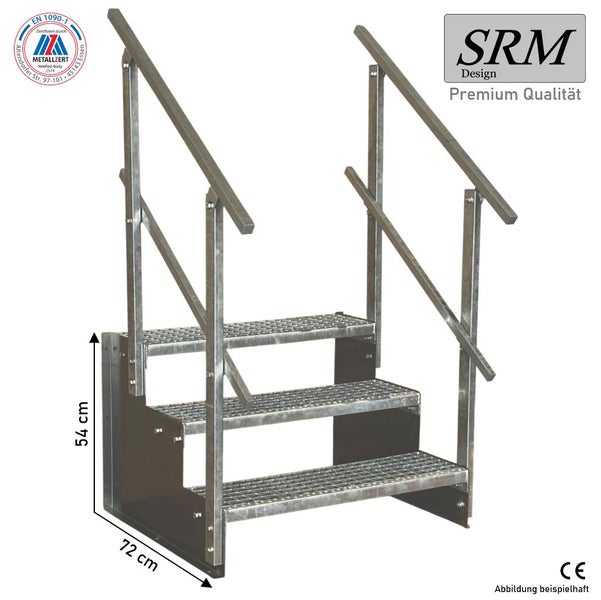 Stahltreppe mit drei Stufen aus Gitterrost und beidseitigem Geländer, Höhe 54 Zentimeter, Tiefe 72 Zentimeter.