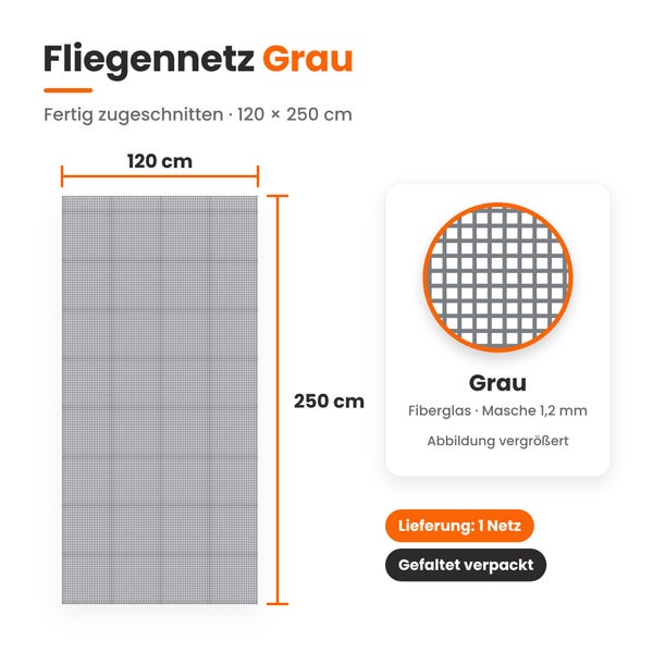 Fliegennetz aus Fiberglas, fertig zugeschnitten, Maße 120 mal 250 Zentimeter, Maschenweite 1,2 Millimeter, gefaltet verpackt.