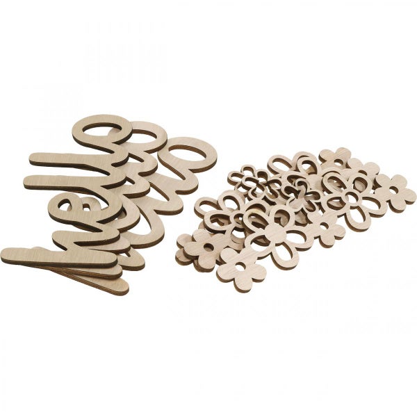 Dekorative Holzstreuteile mit Schriftzug und Blumenmotiv