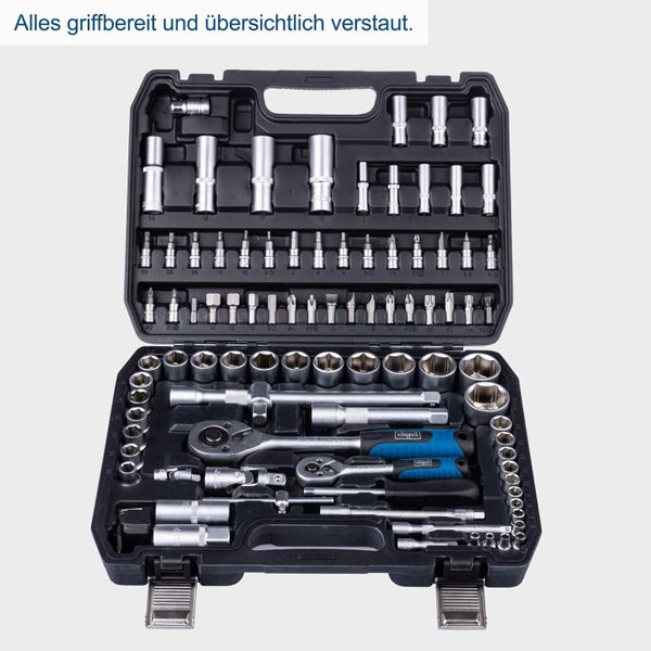 Scheppach Steckschlüsselsatz mit zahlreichen Aufsätzen und Knarren in einem Kunststoffkoffer