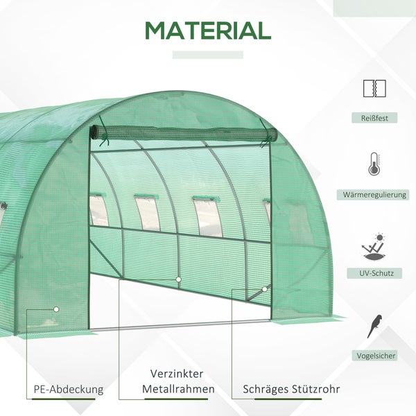 Outsunny Gewächshaus ca. 6 x 3 x 2 m Foliengewächshaus mit 8 Fenster, Rolltür, Aufrollbar Seitenwänden, UV-beständiger Folientunnel, Winterfest Tomatenhaus mit Erdanker, Grün