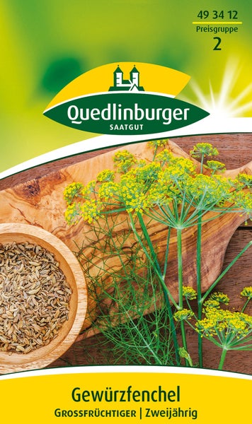 Quedlinburger Saatgut Logo auf einer Samentüte für Gewürzfenchel Grossfrüchtiger mit Fenchelsamen und frischem Fenchel.