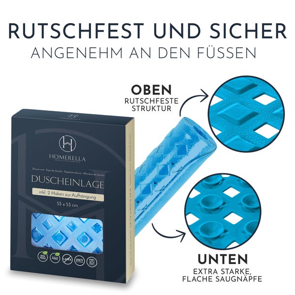 Verpackung einer Duschmatte mit rutschfester Struktur und Saugnäpfen von Homerella inklusive zwei Haken zur Aufhängung
