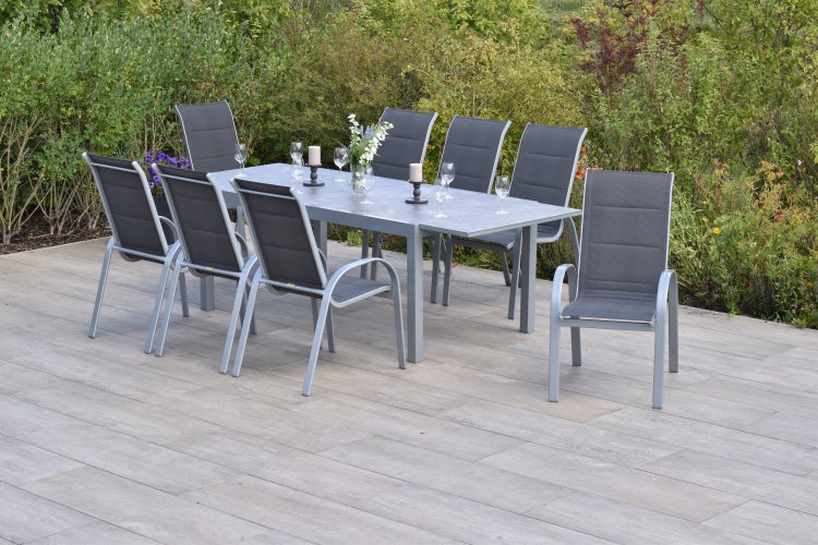 Amalfi di Lusso Set 9tlg., 8 Stapelsessel, Semi-Ausziehtisch 180 (250) x 100 cm, silber/anthrazit