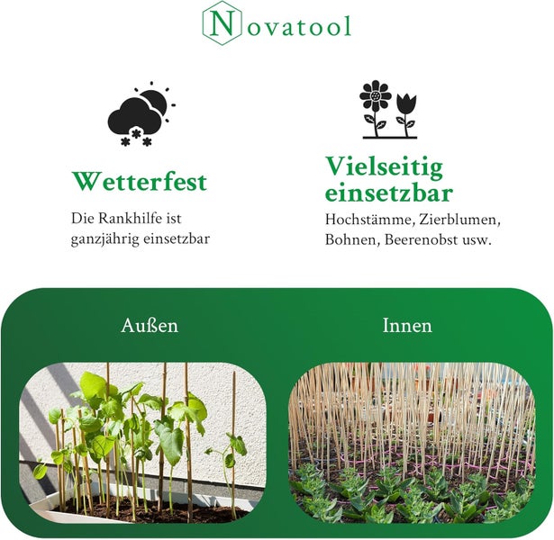 Novatool Logo. Informationen zur wetterfesten und vielseitigen Nutzung der Rankhilfe im Innen- und Außenbereich.