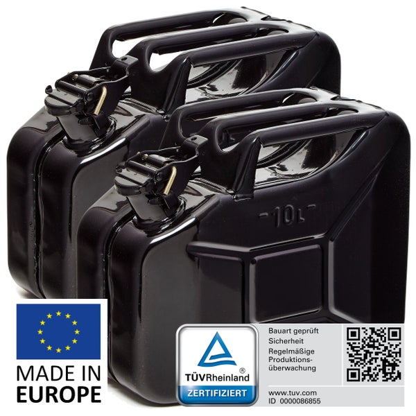 BW® Kraftstoffkanister Metall Benzinkanister 2x 10 Liter - Schwarz - RAL 9005 - TÜV-geprüft und UN-Zulassung - Made in Europe