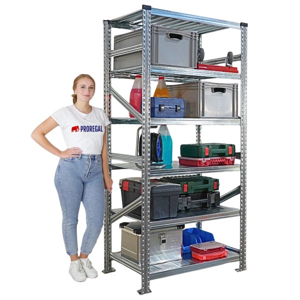 Metallregal mit Lagerbehältern und Werkzeugkästen neben einer Frau