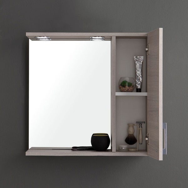 Spiegelschrank mit LED-Beleuchtung, Holznachbildung, integriertem Spiegel und offenem Seitenfach mit Einlegeböden.