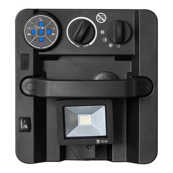 Schwarzer LED Baustrahler mit Bedienelementen und Tragegriff.