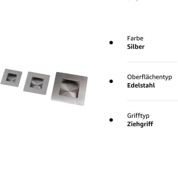 Drei quadratische Edelstahl Griffmuscheln in unterschiedlichen Größen mit technischer Produktbeschreibung.