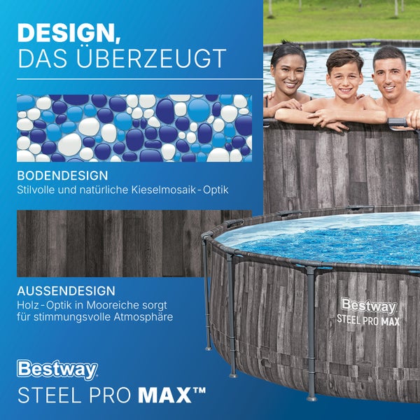Bestway Steel Pro MAX Aufstellpool mit Mooreiche Holzoptik außen, Kieselmosaik am Boden und Familie im Pool.