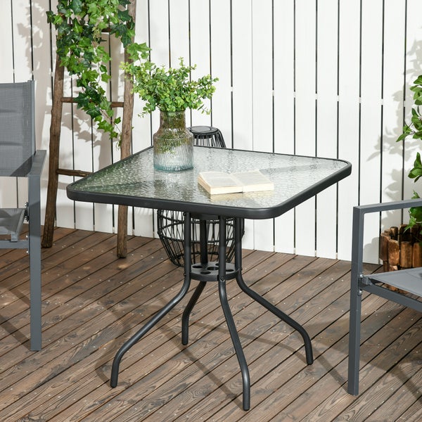 Outsunny Gartentisch Abnehmbar Metall 76x76 cm Wetterfest quadrarisch Balkontisch mit Schirmloch, rutschfest Buffettisch Campingtisch Terrassentisch für Outdoor Garten, Terrasse Balkon Schwarz