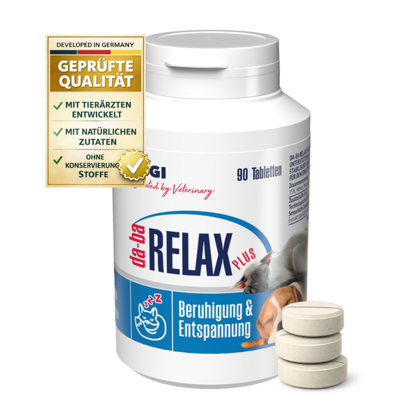 Dose da-ba Relax Plus Beruhigungstabletten für Hunde und Katzen, 90 Stück, mit drei Tabletten und Qualitätssiegel.