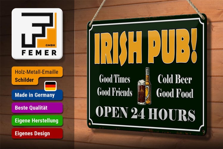 Blechschild Spruch 30x20cm Irish Pub gold Beer open 24