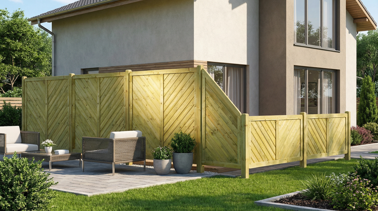 Gartenszene mit Holzzaun als Sichtschutz und Sitzgruppe auf der Terrasse