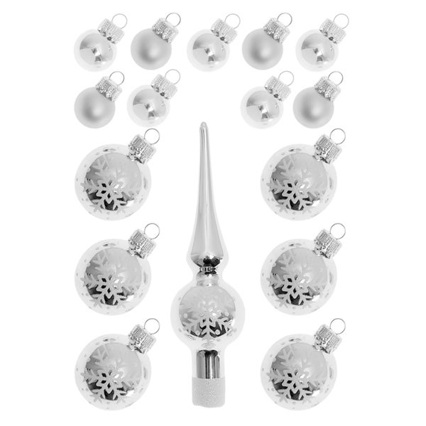 Silber Mini-Dekoset aus Glas, 2cm, 3cm Kugeln, 12cm Spitze, handdekoriert, 16 Stck., Weihnachtsbaumkugeln, Christbaumschmuck, Weihnachtsbaumanhänger