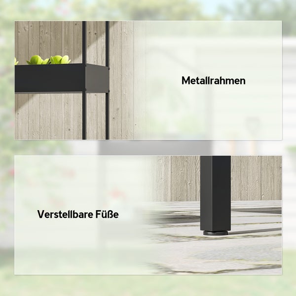 Detailansicht eines schwarzen Metallrahmens und verstellbarer Füße eines Garten-Pflanzkastens vor einer Holzwand.