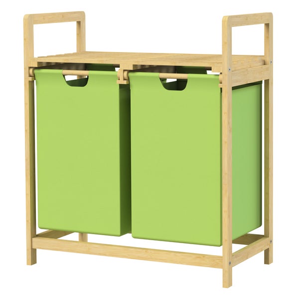 ML-Design Wäschekorb aus Bambus, Grün, Wäschebox mit 2 Fächern, Wäschesammler mit 2 ausziehbaren Wäschesäcken 60 L, Wäschetruhe mit Ablage, Wäschesortierer für Badezimmer, Wäschetonne mit Regal