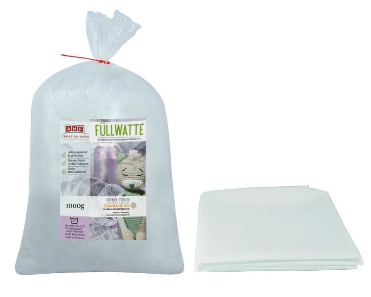 AMF Life Füllwatte, waschbar bis 95 Grad, zertifizierte Qualität, 1000g + 1x Inlett-Vlies (40g/m²) 1,1m x 2m