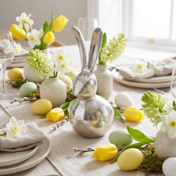 Silberfarbene Osterhasenfigur als Tischdekoration umgeben von Frühlingsblumen, Hyazinthen, Narzissen und Ostereiern auf einem gedeckten Tisch.