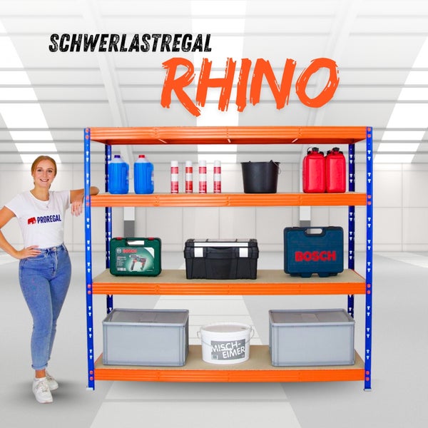 Blau-oranges Schwerlastregal Rhino von Proregal mit vier Ebenen, beladen mit Werkzeugkoffern und Kanistern.
