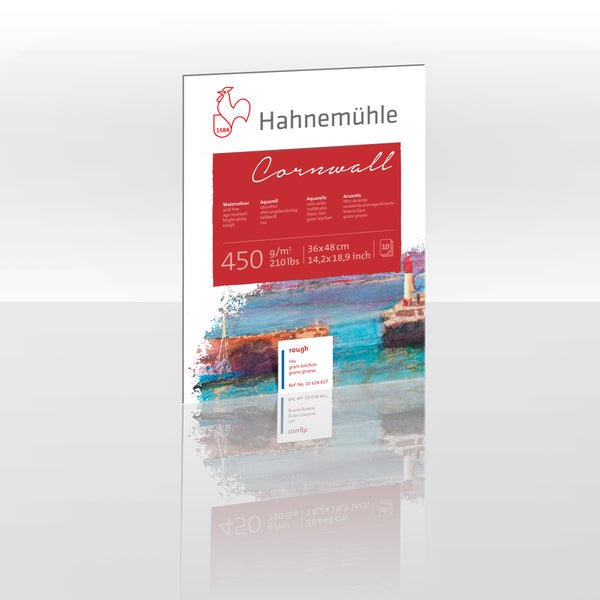 Hahnemühle Aquarellblock Cornwall, 450 Gramm pro Quadratmeter, 36 mal 48 Zentimeter, 10 Blatt, raue Oberfläche.