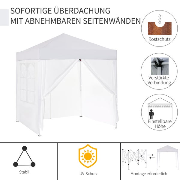 Outsunny Pavillon 2x2m Wasserdicht, Pop-up Faltpavillon mit 4 Seitenwänden, Abflusslöcher Fenster, faltbar Partyzelt UV 30+, Gartenzelt mit Tragetasche, Gartenpavillon für Terrasse, Weiß